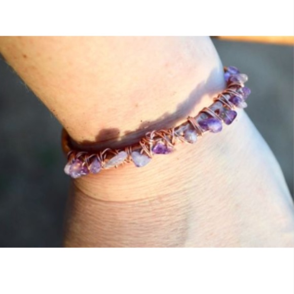 Genuine Amethyst Copper Gemstone Cuff Bracelet - Picture 2 of 6